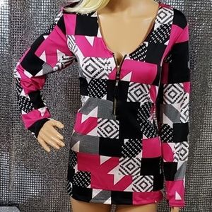 B + W + Pink Long Sleeve No Wrinkle Zip-Up NEW Top